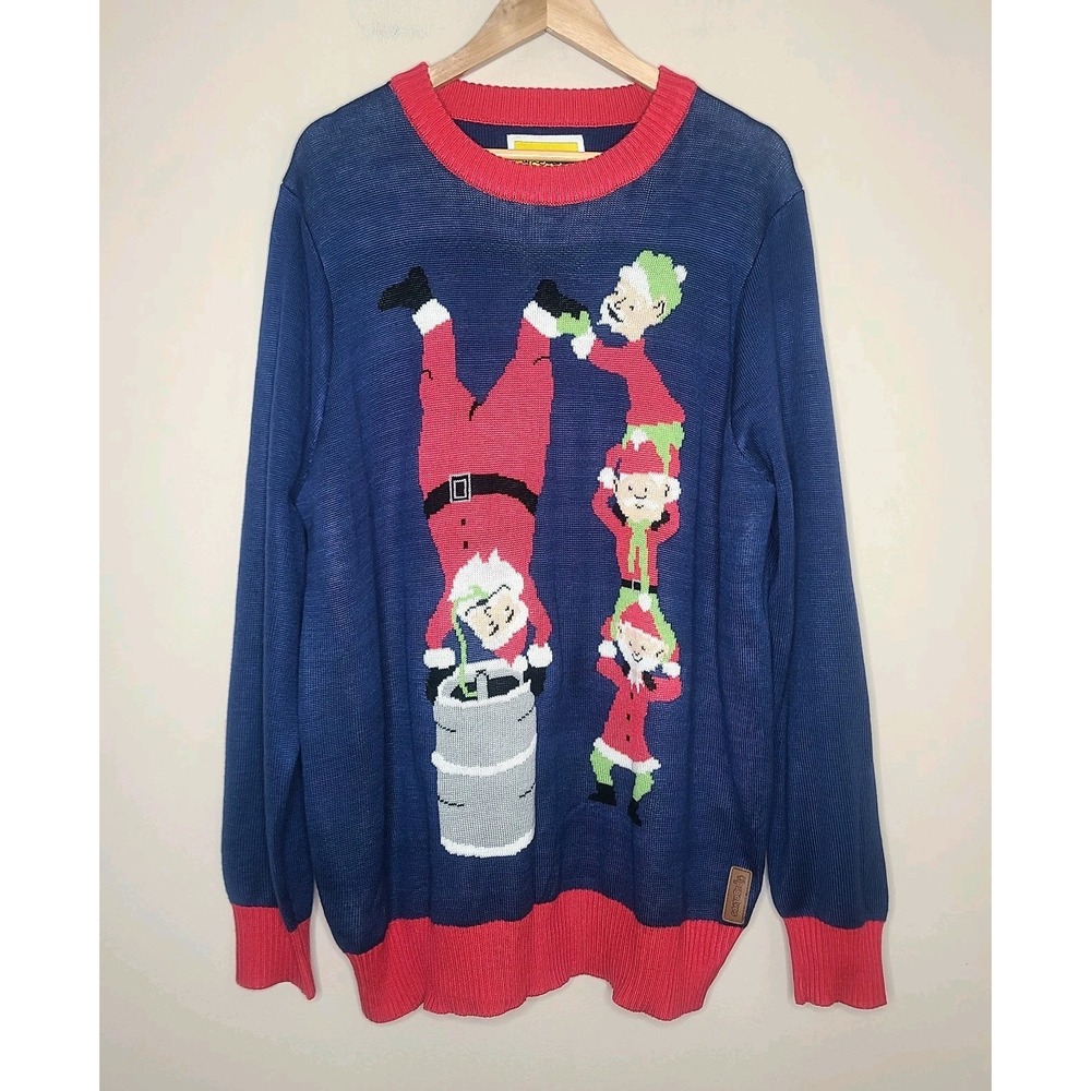 Tipsy Elves Men's Blue Sweater Santa Keg Stand Ugly Christmas Pullover Size XXL